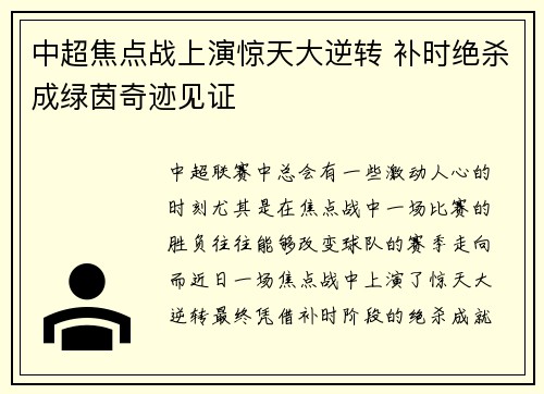 中超焦点战上演惊天大逆转 补时绝杀成绿茵奇迹见证 中超焦点战上演惊天大逆转 补时绝杀成绿茵奇迹见证